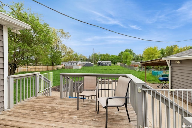 deck with a fenced backyard and a yard