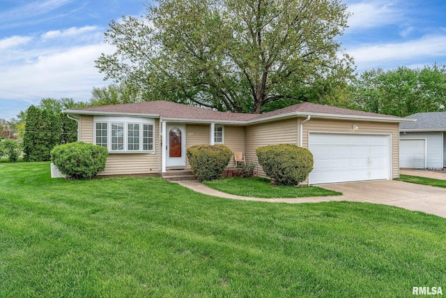 ranch-style house featuring an attached garage, driveway, and a front yard