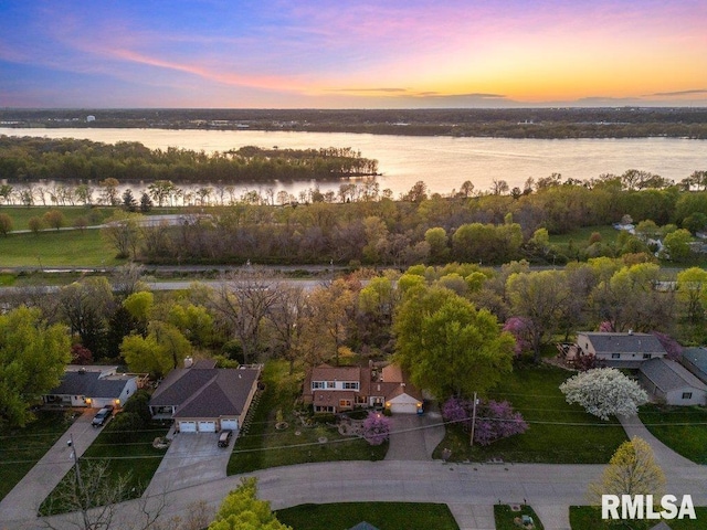 aerial view featuring a water view