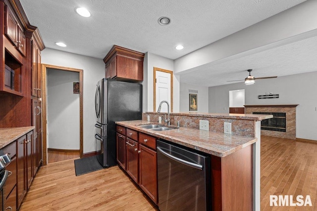 kitchen with light wood-type flooring, a sink, a peninsula, and stainless steel appliances