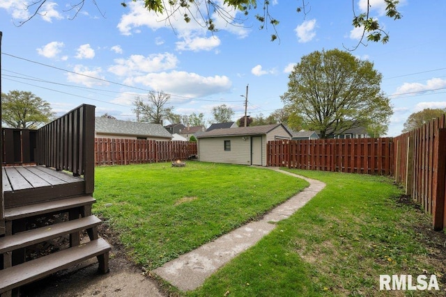 view of yard with an outdoor structure and a fenced backyard