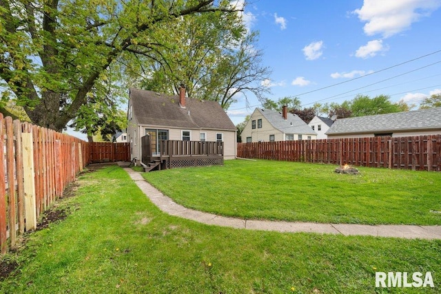 view of yard with a wooden deck and a fenced backyard