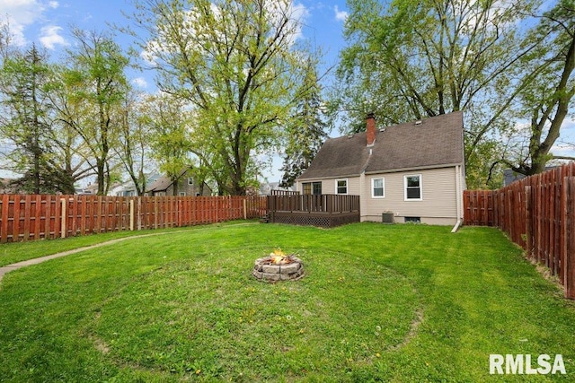 view of yard featuring a fenced backyard, an outdoor fire pit, and a wooden deck