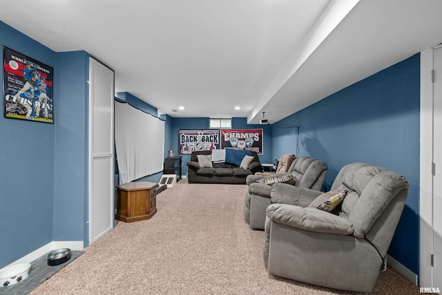 carpeted cinema featuring baseboards and recessed lighting