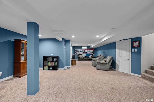 carpeted living area featuring recessed lighting, baseboards, stairs, and visible vents