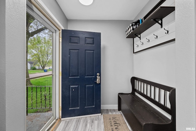 interior space featuring baseboards and wood finished floors