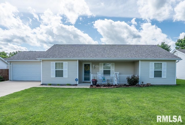 1804 Bridge St, Marion, IL 62959 - ranch-style home featuring covered porch, a front yard, roof with shingles, an attached garage, and driveway