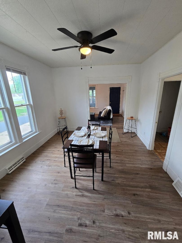 818 16th Ave, Fulton, IL 61252 - dining area with baseboards, a ceiling fan, wood finished floors, and visible vents