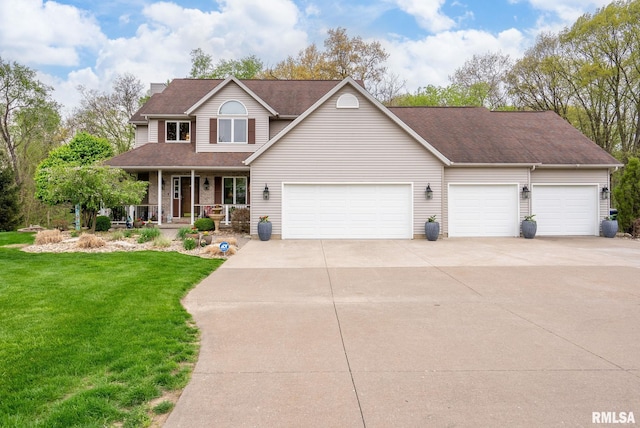 view of front of home with covered porch, roof with shingles, a front lawn, concrete driveway, and an attached garage