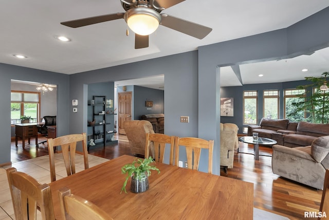 dining room featuring recessed lighting, ceiling fan, and wood finished floors