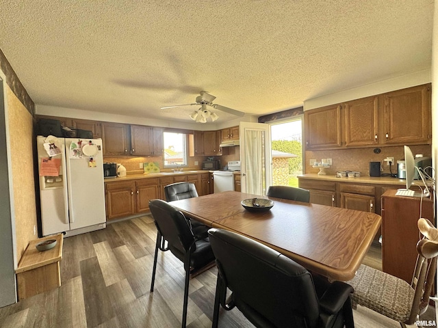 dining room featuring a textured ceiling, ceiling fan, and light wood-style flooring