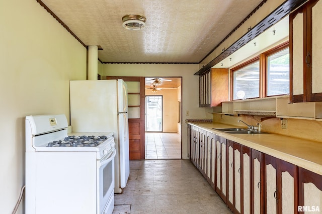 kitchen featuring light countertops, plenty of natural light, a sink, and white gas range oven