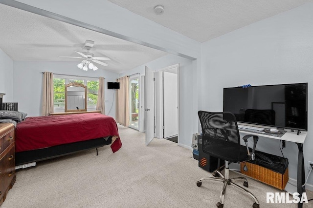 2303 Pinehurst St, Bettendorf, IA 52722 - bedroom featuring access to outside, carpet, a textured ceiling, baseboards, and ceiling fan
