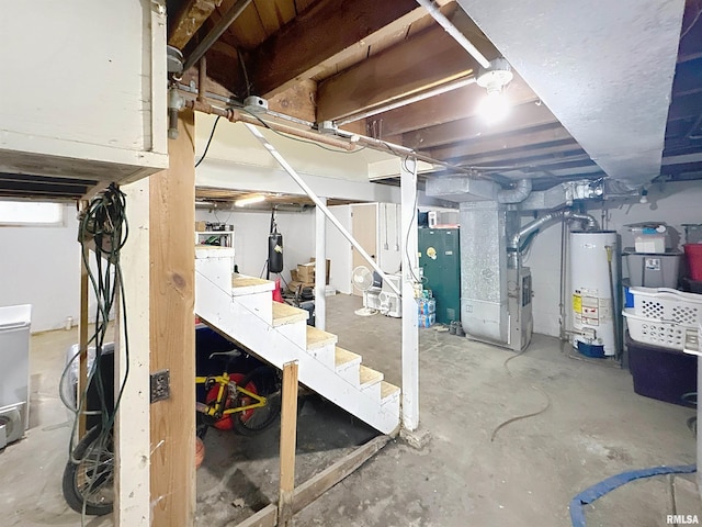 basement with heating unit and gas water heater