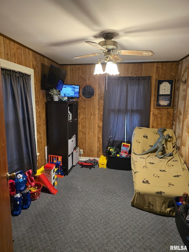 717 NE 2nd St, Galva, IL 61434 - bedroom with wood walls, carpet flooring, and a ceiling fan