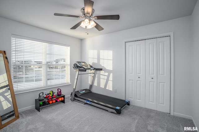 workout room featuring ceiling fan, carpet floors, and baseboards