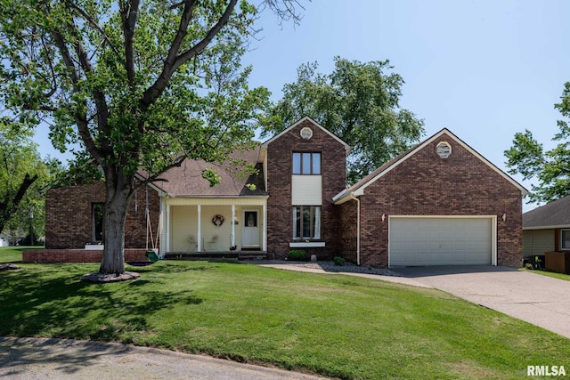 traditional-style home featuring a front lawn, driveway, brick siding, and a garage