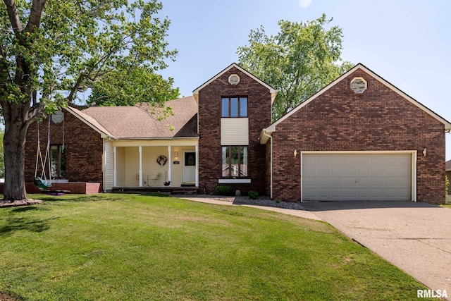 traditional-style home featuring concrete driveway, brick siding, a front lawn, and a garage