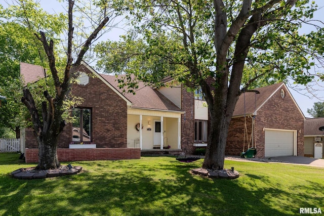 view of front of property with an attached garage, a front lawn, brick siding, and a shingled roof