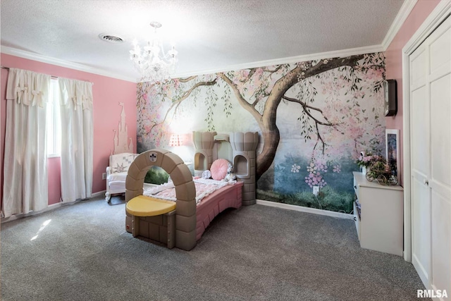 bedroom featuring carpet flooring, crown molding, and a textured ceiling