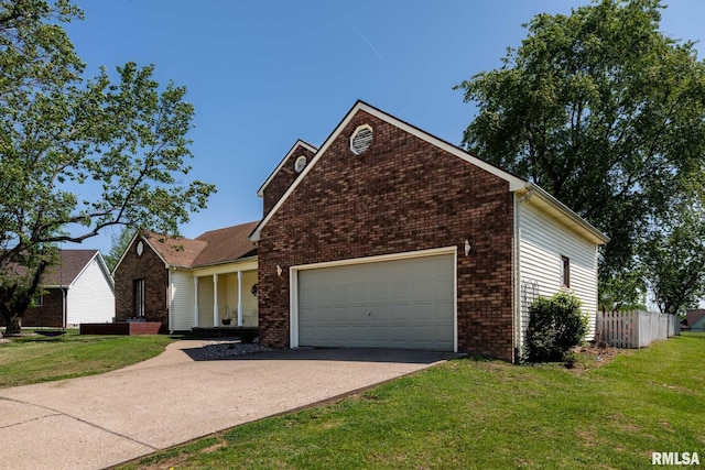 ranch-style house featuring a front yard, a garage, brick siding, and driveway