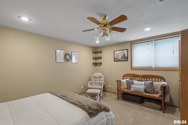 bedroom with carpet, baseboards, a ceiling fan, and recessed lighting