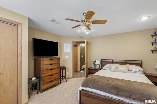 bedroom featuring carpet floors, visible vents, baseboards, ceiling fan, and recessed lighting