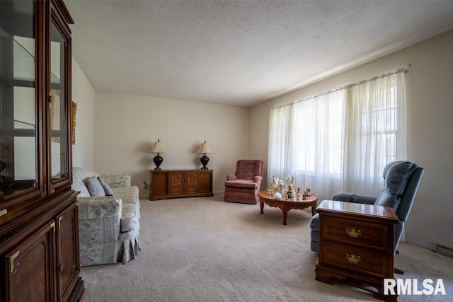 sitting room with a textured ceiling and carpet