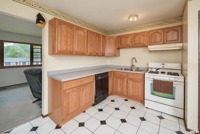 kitchen with a sink, black dishwasher, white range with gas cooktop, under cabinet range hood, and light countertops