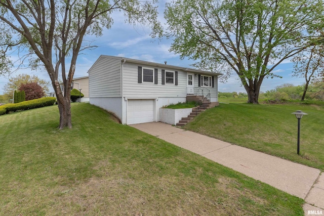 single story home with concrete driveway, an attached garage, a front lawn, and stairs