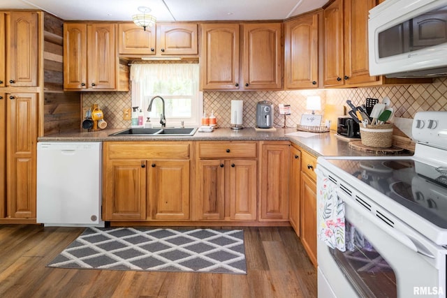208 E Alexander St, Energy, IL 62933 - kitchen with white appliances, a sink, dark wood-type flooring, and decorative backsplash