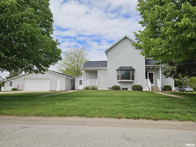 view of front of property with a front lawn, an outdoor structure, roof with shingles, and a garage