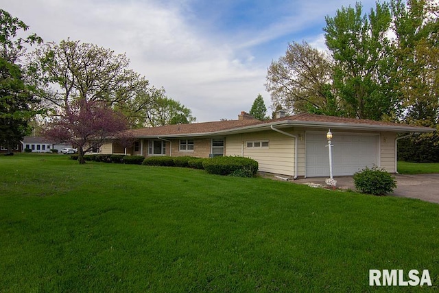 single story home featuring a garage, a front lawn, a chimney, and driveway
