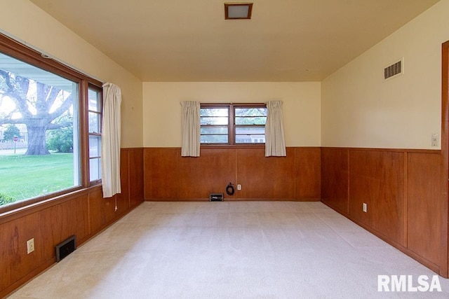 spare room featuring a wealth of natural light, visible vents, and a wainscoted wall