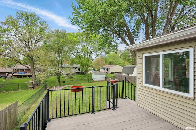 wooden deck with a yard, a fenced backyard, and a residential view