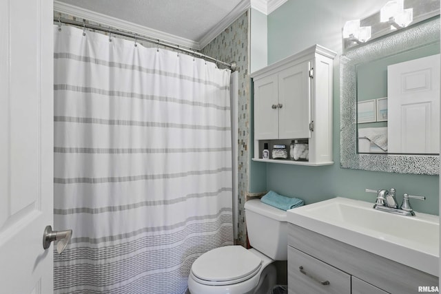 full bathroom with toilet, ornamental molding, vanity, and a shower with shower curtain