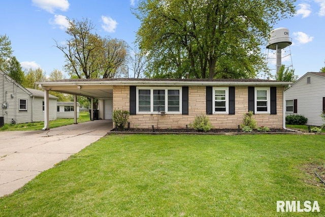 single story home featuring driveway, a garage, stone siding, a front yard, and a carport