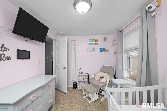 bedroom with light colored carpet