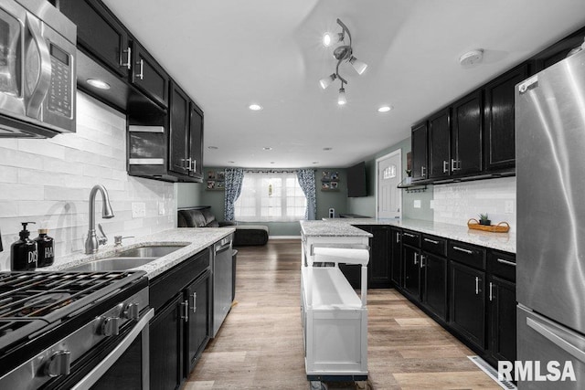 kitchen with light wood finished floors, stainless steel appliances, and dark cabinetry