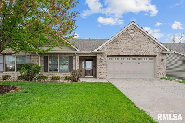 view of front of home featuring driveway, brick siding, a garage, and a front yard