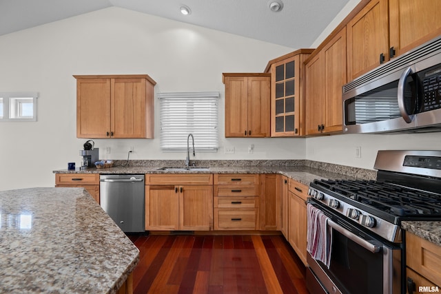 17 Blackstone Way, Le Claire, IA 52753 - kitchen featuring appliances with stainless steel finishes, a sink, lofted ceiling, stone countertops, and dark wood-type flooring