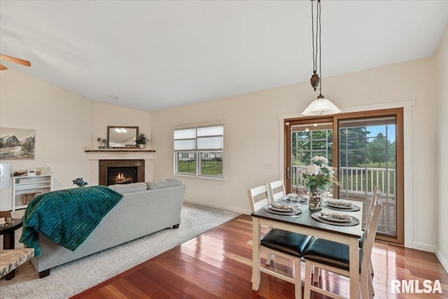 17 Blackstone Way, Le Claire, IA 52753 - living room featuring wood finished floors, plenty of natural light, a lit fireplace, a ceiling fan, and lofted ceiling