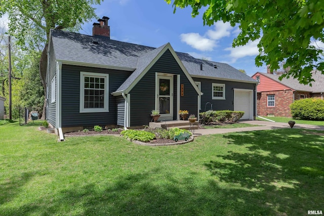 view of front of home with a shingled roof, a chimney, and a front yard