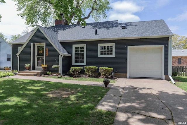 view of front of house featuring a chimney, fence, a shingled roof, concrete driveway, and a front lawn