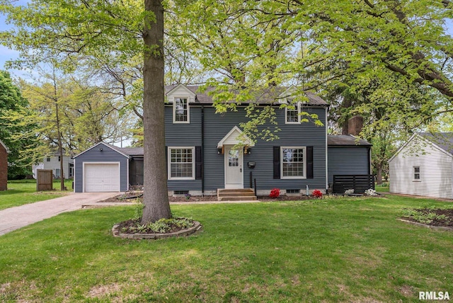 colonial-style house featuring concrete driveway and a front lawn
