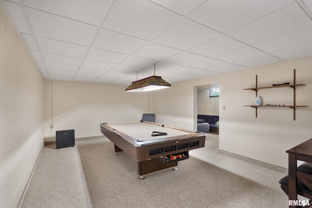 recreation room with billiards and a drop ceiling