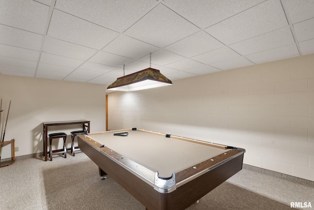 rec room with carpet floors, a drop ceiling, pool table, and baseboards