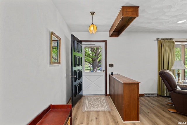 foyer entrance with light wood finished floors and baseboards
