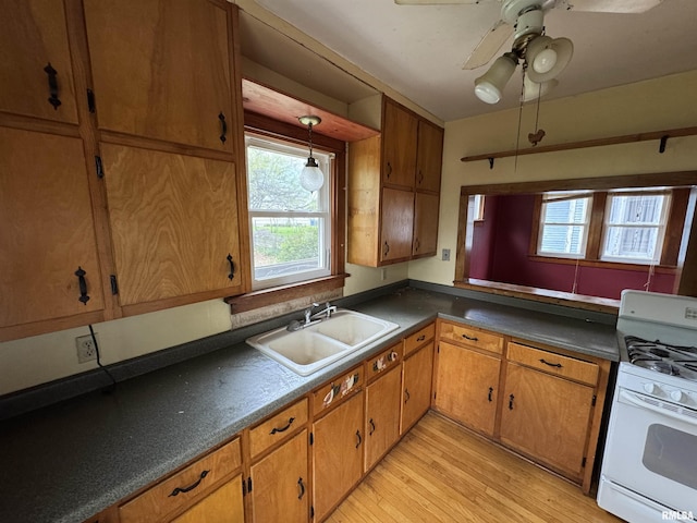 kitchen featuring gas range gas stove, a sink, plenty of natural light, and light wood-style floors