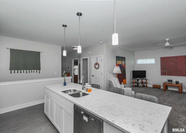 6811 Genesis Way, Bettendorf, IA 52722 - kitchen with a sink, dishwasher, white cabinets, open floor plan, and pendant lighting